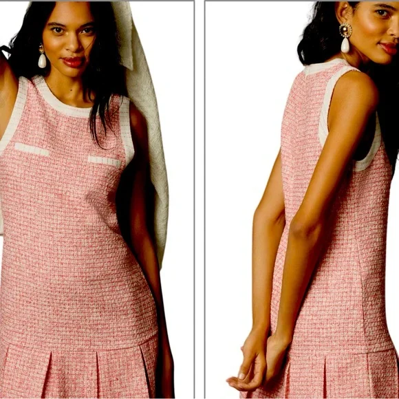 NWT - ANTHROPOLOGIE - Women Maeve Pleated Mini Dress - Size US Large Pink Tweed - Picture 1 of 8